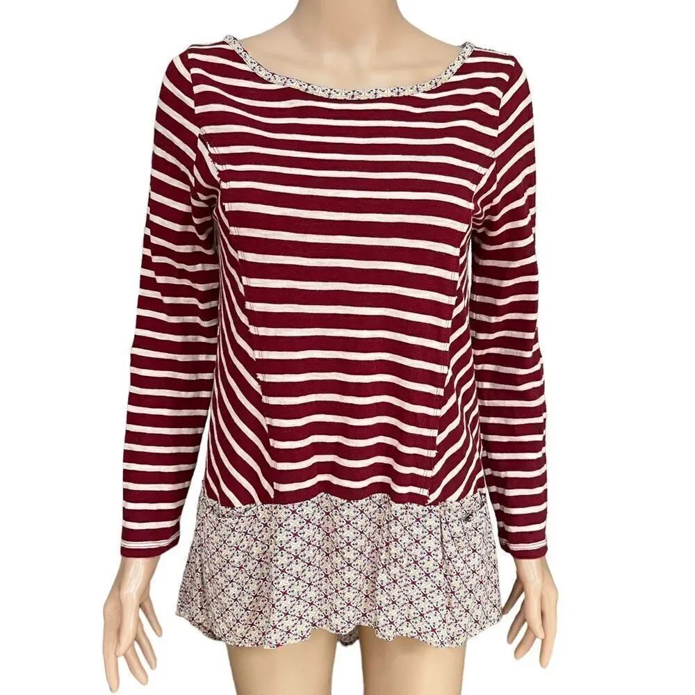 Anthropologie Postmark Fairley Tunic Top Sz S Burgundy Striped High Low Pockets